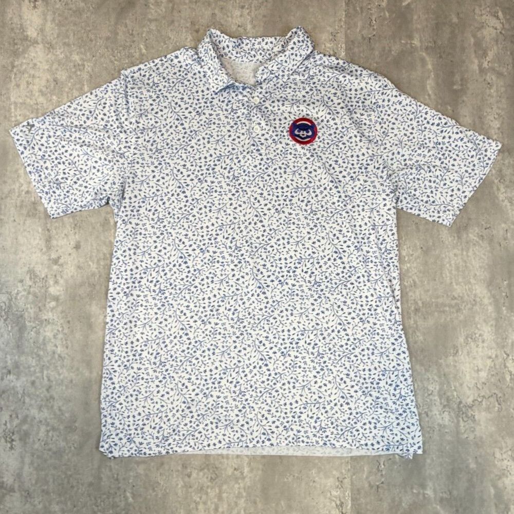 Antigua Chicago Cubs Floral Golf Polo Men's M Blue White MLB Patch